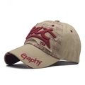 Detail showing red 3D embroidery and distressed ripped edges on a khaki baseball cap - Adjustable / Khaki with Red Letters