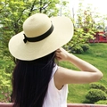 Women's light beige wide brim straw sun hat with black ribbon bow for summer beach - M (56-58cm) / Bow / Beige