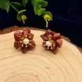 Elegant gold flower pearl earrings with sparkling brown sandstone petals for women - Gold Sandstone