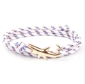 Detailed shot of multi-strand tricolor braided rope bracelet with golden shark clasp - GSY-04 Red White Blue Tricolor Rope + Gold Shark Hook
