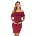 Elegant off-shoulder maternity dress in wine red with ruffle detail and slim fit design - S / Burgundy