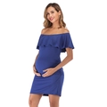 Slim fit royal blue off-shoulder maternity dress with ruffled hem and side pleats - S / Blue