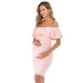 Pink off-the-shoulder maternity dress with ruffled hem and slim fit silhouette - S / Pink