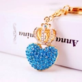 Golden crown and blue heart keychain with sparkling rhinestones for women handbags - Blue