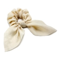 Elegant cream beige satin scrunchie featuring a stylish bow and smooth glossy finish - Beige