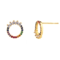 Gold plated hoop earrings with colorful rainbow cubic zirconia in a geometric design - erq25 Crown
