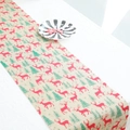 Christmas table runner with red reindeer and green pine trees on linen fabric - Style A Christmas Reindeer