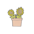 Macro detail of enamel sunflower pin with yellow petals in a pink pot with green leaves - Pink Pot Sunflower (C1555-3)