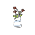 Detailed view of enamel brooch featuring a white striped vase with red flowers and green leaves - Striped Vase Red Flower (C1557-5)