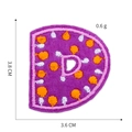 Macro detail of purple letter D embroidery patch showing size 3.8 cm x 3.6 cm dimensions - Letter D