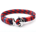 Handmade red and blue nylon braided rope bracelet with polished silver anchor charm - Navy Blue Red