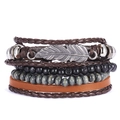 Handmade multilayer leather bracelet with wooden beads and silver feather charm - BR18Y0536 (4 Pcs Set)