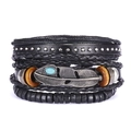 Men's multilayer black leather bracelet featuring a silver feather charm and wooden beads - BR18Y0537 (3 Pcs Set)