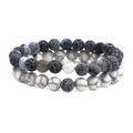 Stack of 8mm natural lava rock, tiger eye and turquoise beaded elastic stretch bracelets - Weathered Stone + White Turquoise