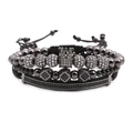 Coffret de bracelets en perles pour hommes avec couronne argentée et zircons noirs - Ensemble Noir Fusil