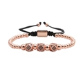 Pulsera de cuentas corona oro rosa con cubos de circón negro y cordón tejido ajustable - Cuenta de Triple Corte de Oro Rosa / Oro rosa