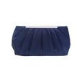 Detail view of deep blue pleated satin evening clutch with elegant silver metal frame - Dark Blue
