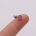 Polished stainless steel stud earring with pink opal gemstone and beaded edge detail - Pink