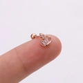 Vue macro d'un clou d'oreille couronne en or rose avec zircons sur un bout de doigt - Forme de couronne / Or rose