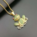 Gold plated frog pendant necklace with green and red rhinestones for hip hop style - Gold