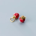 Paire de pendentifs fraises en émail rouge avec feuilles dorées pour création bijoux - Argent Sterling S925 Or
