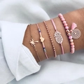 Set di 5 bracciali boho rosa e oro con ciondoli a cuore e a forma di palma - Set 5 Pezzi Oro Rosa (Ananas Palma)
