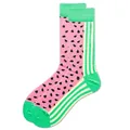 Detail von rosa Baumwollsocken mit schwarzen Wassermelonenkernmustern und grünen Akzenten - Wassermelone