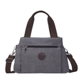 Grey canvas tote bag with brown woven handles and adjustable shoulder strap - Gray