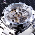 Silver stainless steel mechanical watch for men featuring a skeleton dial and roman numerals - Silver