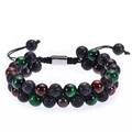 Double-layer braided bracelet with black lava stone and red green tiger eye beads - Cat Eye Lava Stone Red Green Beads (款式09)