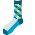 Mid-calf cotton sock with lake blue and green argyle pattern with reinforced heel and toe - Size 39-45 / Green Blue Plaid