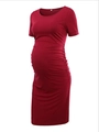 Short sleeve maternity dress in burgundy with side ruching and round neck style - S / Burgundy