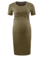 Olive green short sleeve maternity dress with ruched sides for pregnancy comfort - S / Olive Green