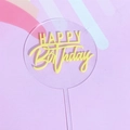 Detail of round acrylic cake topper with yellow Happy Birthday lettering on rainbow background - Acrylic / Yellow