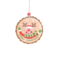 Round wooden Christmas ornament with reindeer print and rustic wood bark edges - Elk Style