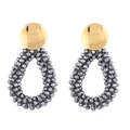 Détails de boucles d'oreilles en perles de cristal en goutte avec disque doré poli - Gris Noir