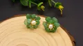 French vintage green stone flower stud earrings with white pearl centers on wood - Green Aventurine