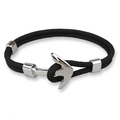 Men's trendy black braided polyester rope bracelet with silver anchor metal clasp on white - Black