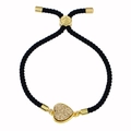Pulsera ajustable de cordón negro con colgante de corazón de cristal dorado y cierre deslizante - Cordón Negro Dorado