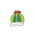 Close-up of a green enamel cactus pin with a red floral top and white planter base - Green Striped Hat Plant (C1553-1)
