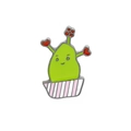 Detailed close-up of a green cactus enamel pin with red hearts in a striped flower pot - Pink White Stripe Pot Heart Leaf (C1555-1)