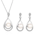 Elegant silver teardrop pearl necklace and earrings set with micro-pave crystals - White K 2599 (2-Piece Set)