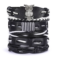 Detail of multi-layer leather bracelet set with owl charm and leaf accents - BR18Y0539 (6 Pcs Set)