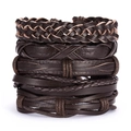 Detail of vintage braided leather bracelets showing hand-woven textures and dark brown layers - BR18Y0540 (5 Pcs Set)
