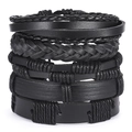 Set di bracciali da uomo in pelle nera intrecciata multistrato con diverse trame di stile - GG1843