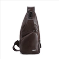 Brown textured leather sling bag with multiple zip pockets and USB port for men - Large / Dark Brown