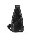 Men's casual black leather texture sling bag with multiple zippers and USB port - Large / Black
