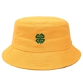 Close-up of green four-leaf clover embroidery with H letters on yellow cotton bucket hat - Clover Yellow