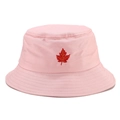 Detail of red maple leaf embroidery on pink cotton bucket hat with stitched brim - Leaf Pink