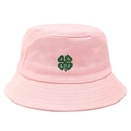 Close-up of pink cotton bucket hat featuring green four-leaf clover and H embroidery - Clover Pink
